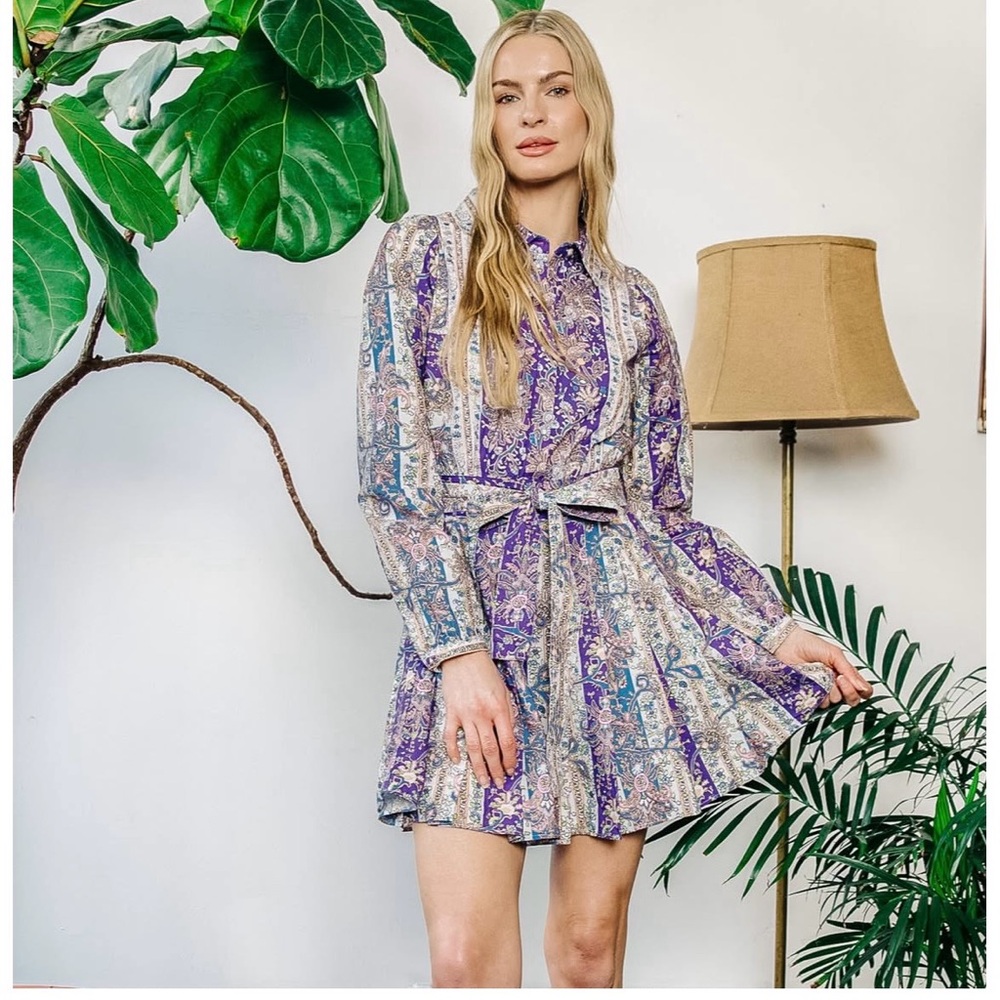 Purple Paisley Long-Sleeve Tie-Waist Mini Dress